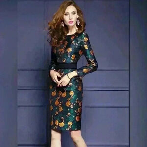 Clocolor Navy Floral Long Sleeve Fitted Embroidered Brocade Dress